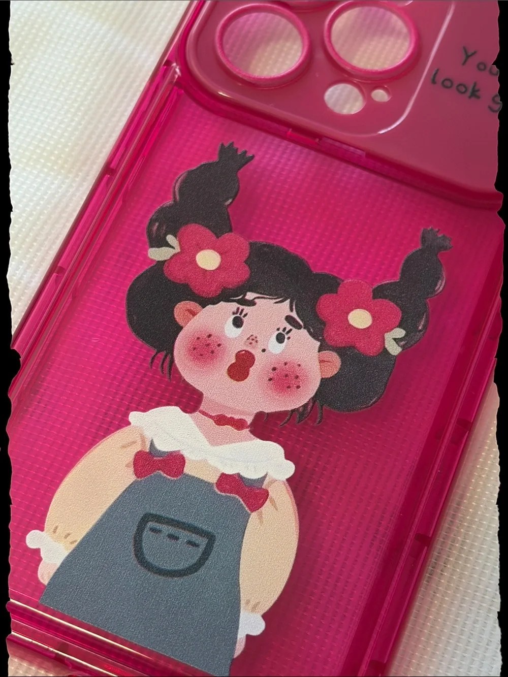 Hot Pink Cartoon Girl Protective iPhone 14 Pro Case with Mirror